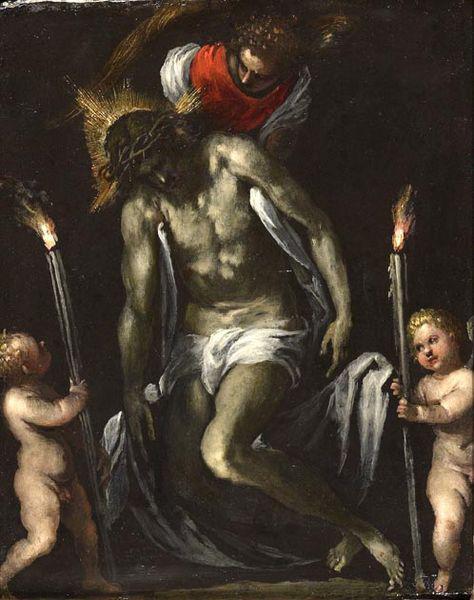 PALMA GIOVANE Christ supported by two cherubs supporting a Cero oil painting image